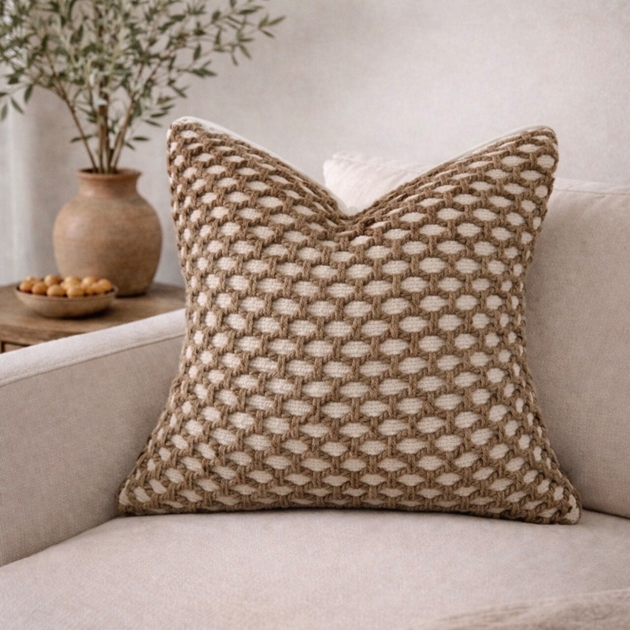 Neutral Braided Jute Pillow Cover, 20" Square – Textured Boho Accent